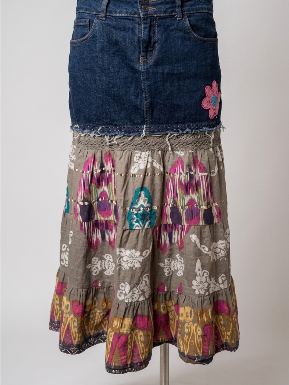 Upcycled Old Navy Denim and Patterned Boho Midi Skirt Excellent Condition